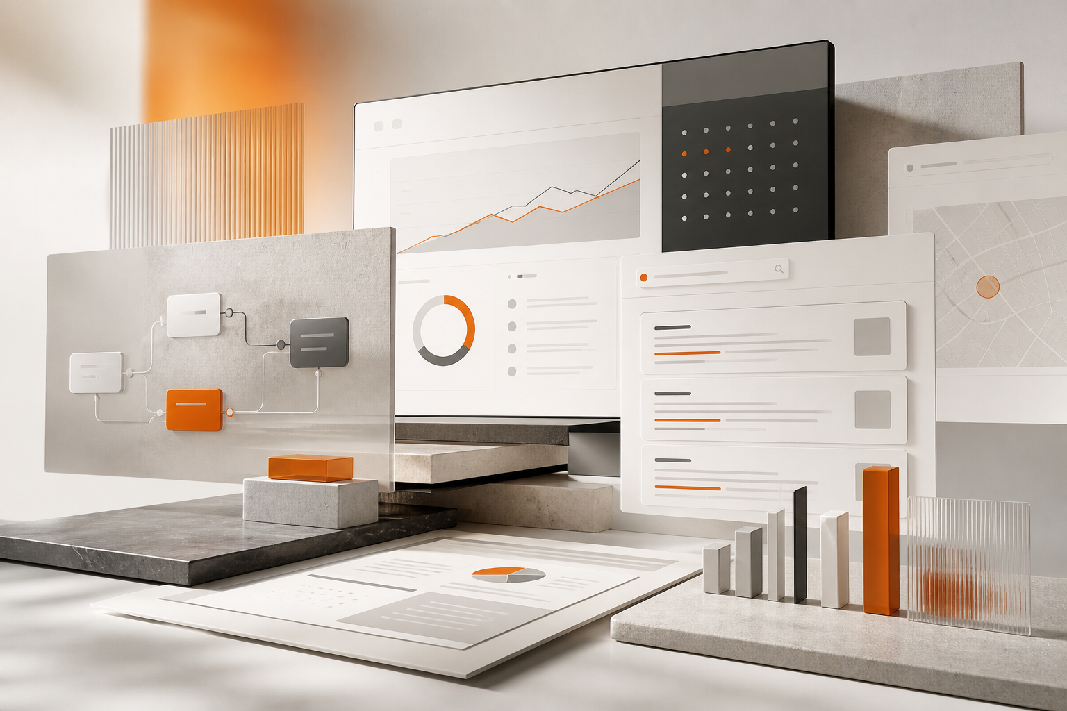 Abstract strategy, analytics and automation work surfaces representing Musariq Think, Build, and Grow